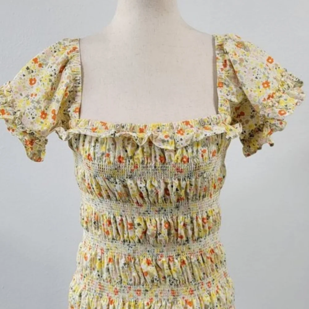 Storia Yellow Floral Smocked Mini Dress with Orange Accents, Women's Size Medium - Picture 3 of 10